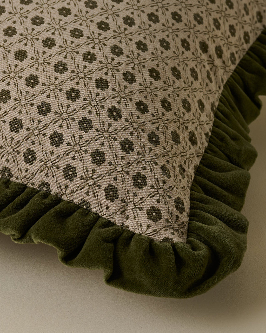 Thea Block Print Pillow with Velvet Ruffle Edge