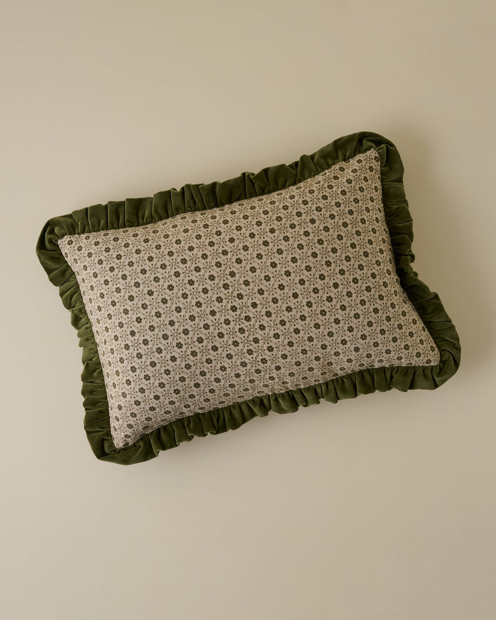 Thea Block Print Pillow with Velvet Ruffle Edge